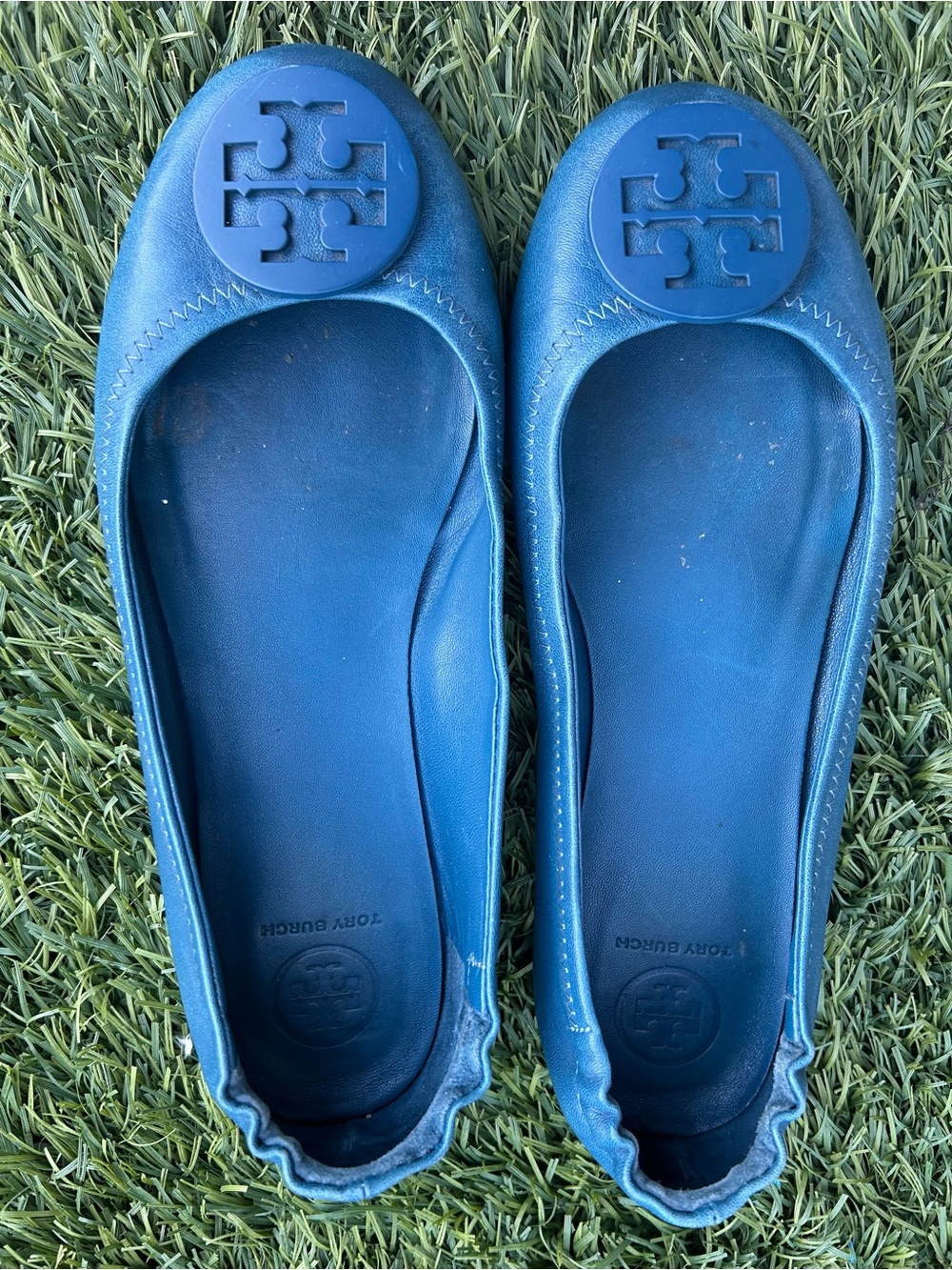 Tory Burch Blue Logo Round-Toe Ballet Flats